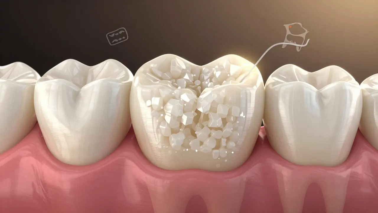 Mikroskopický pohled na krystalickou strukturu zirkonové korunky s symbolickými prvky ústní hygieny.