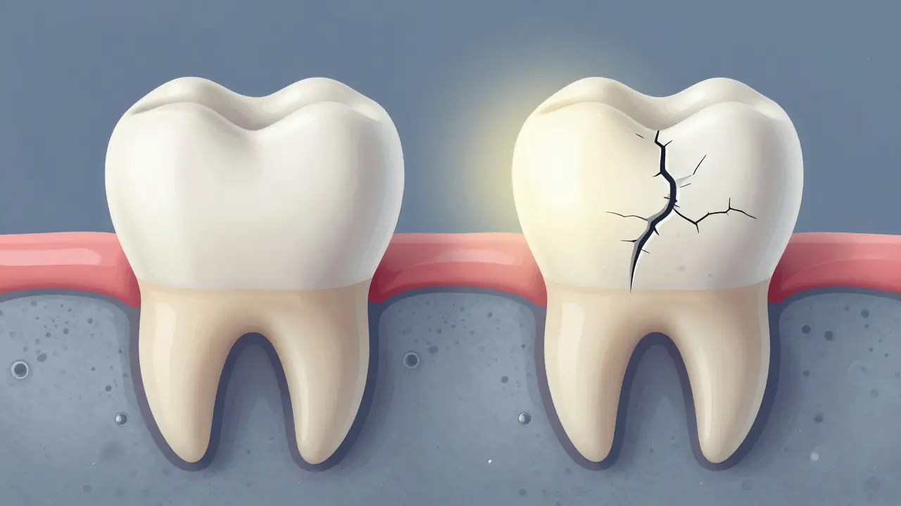 Mikroskopický pohled na zdravé a poškozené sklovinové zubní sklovině po bělení.