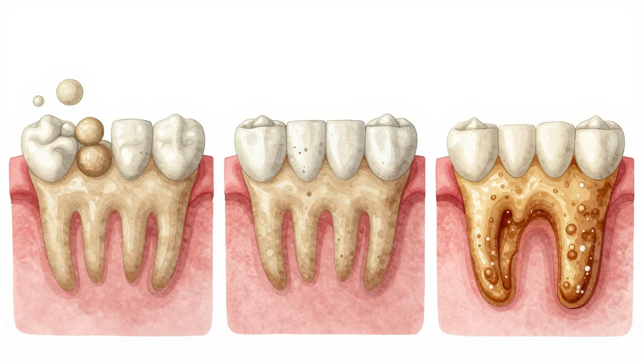 Postupné tvorbě zubního kamene: plak se mění na tvrdý nános.