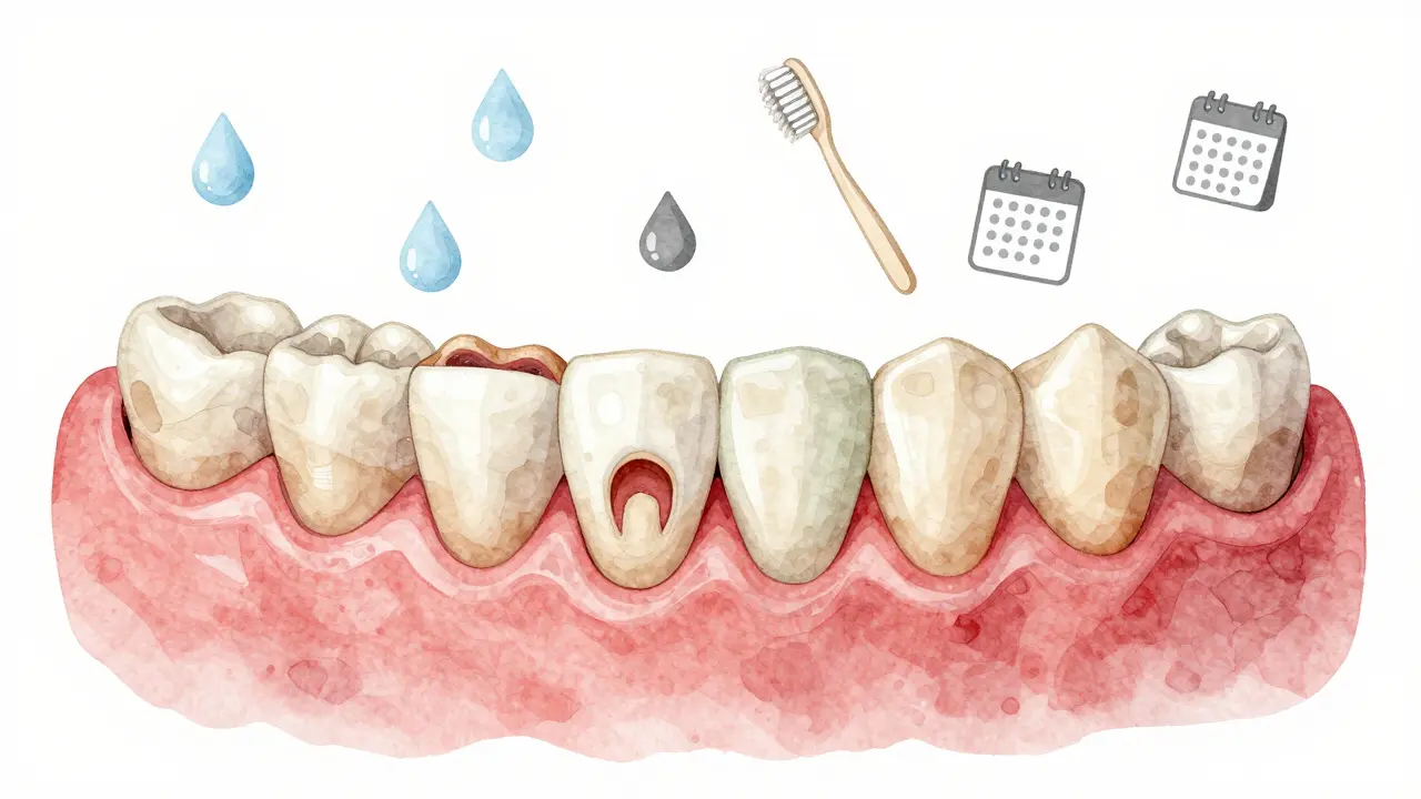 Přehled vývoje zubů u dítěte v průřezu čelisti s postupným vyrůstáním stoliček.