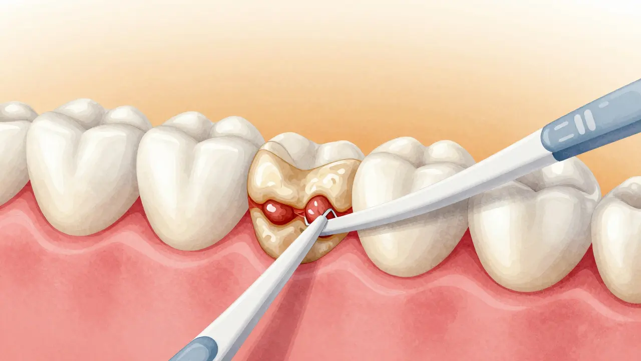 Průřez zubů s odstraněným zubním kamenem mezizubním kartáčkem, s leskem zubního emailu.
