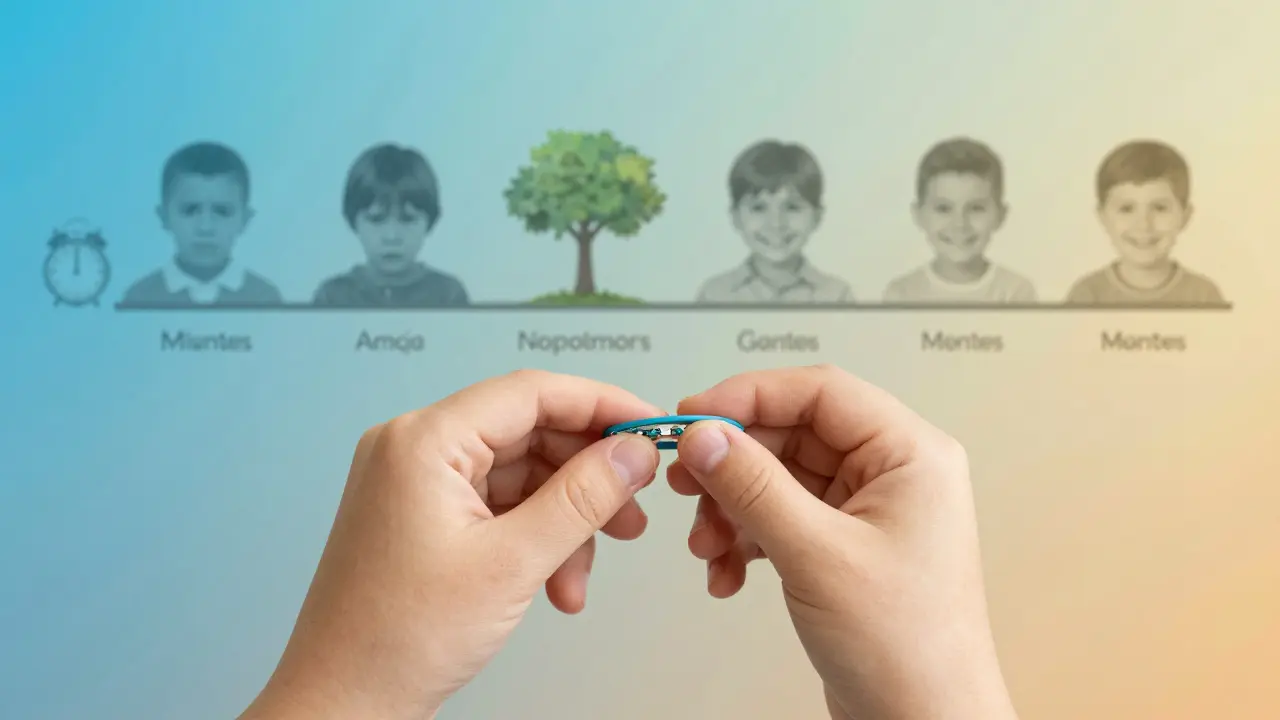 Ruka dítěte přidává gumičku na rovnátka, za ní symbolický přechod od nejistoty ke sebevědomí.