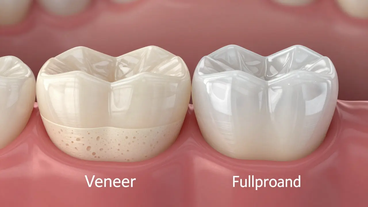 Side-by-side cross-section of composite and ceramic veneers on a tooth, showing differences in thickness and bonding.