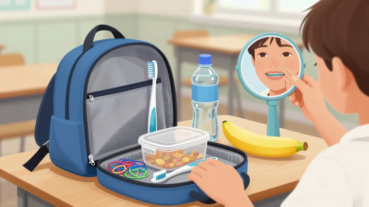 Školní batoh otevřený s potřebami pro rovnátka: gumičky, kartáček, voda a ovoce.