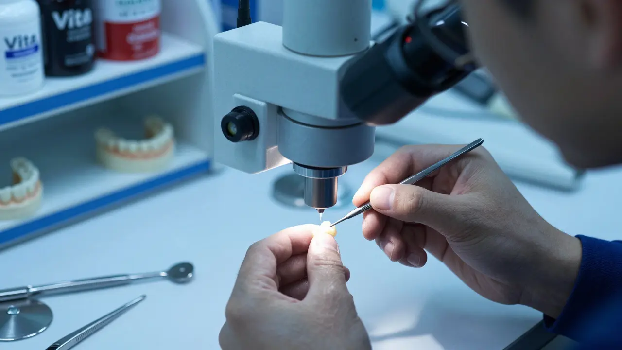 Technik v laboratoři tvaruje keramickou fazetu pod mikroskopem.