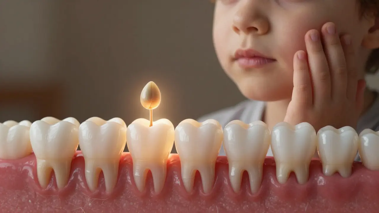 Translucenční zubní klíčky vyrůstající pod dásní, symbolizující přirozený vývoj