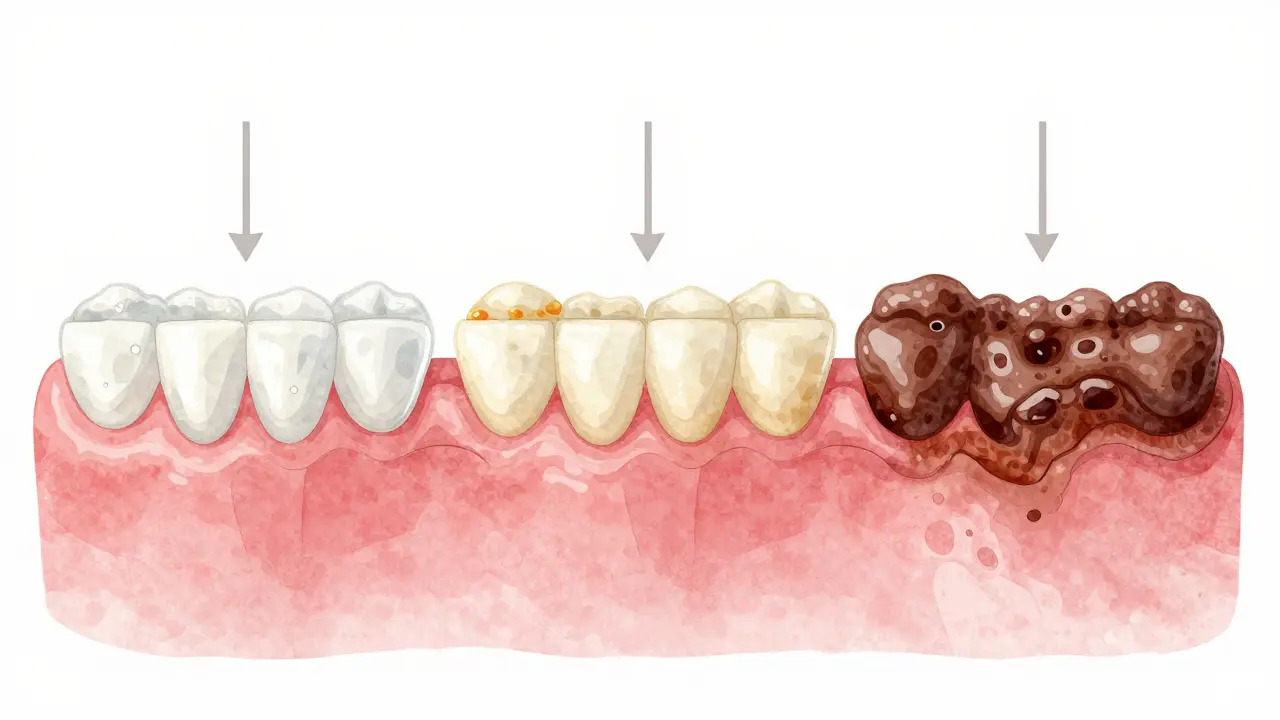 Tři obrazové fáze vzniku zubního kamene: plak, tvrdnutí a tvrdý nárust na zubech.