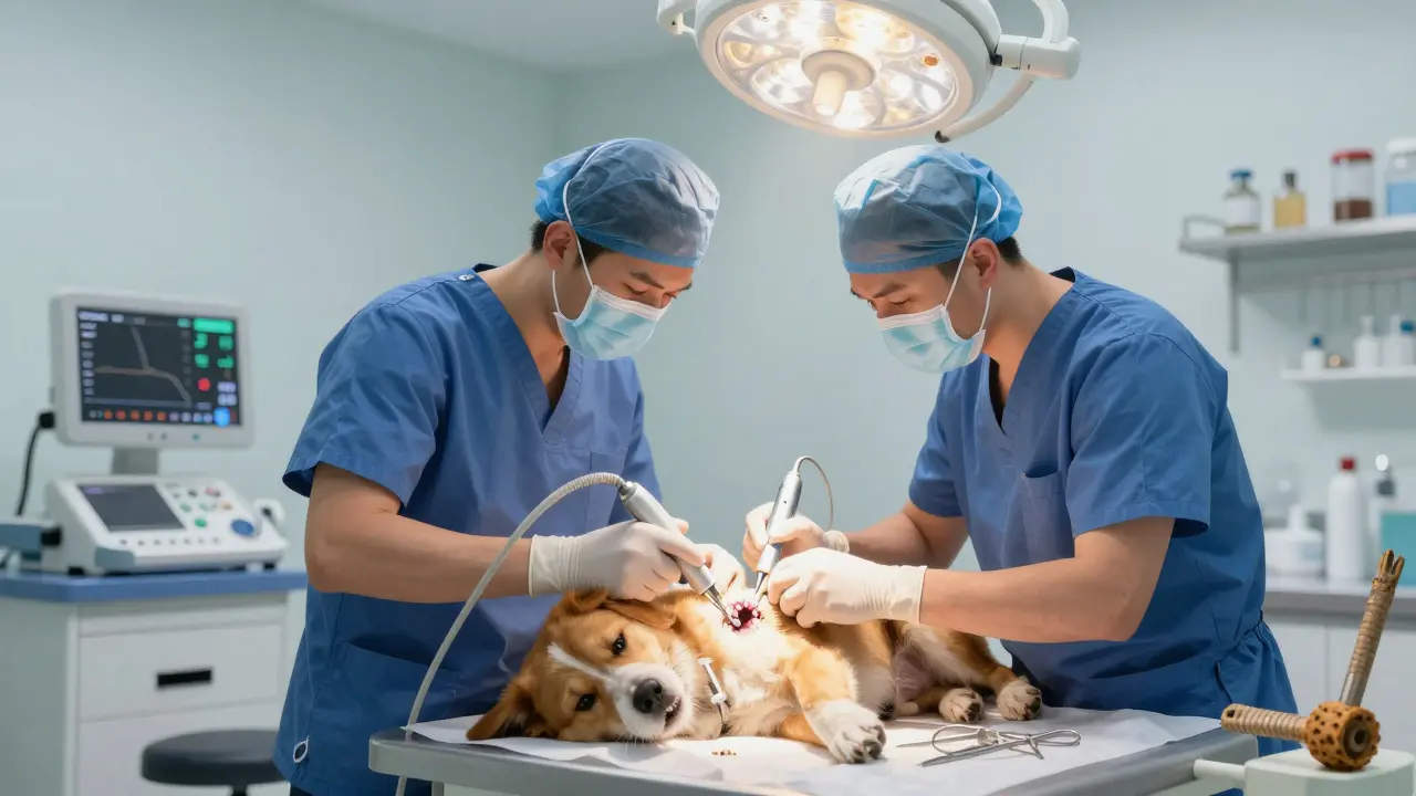 Veterinář čistí psu zuby ultrazvukovým přístrojem pod anestézií.