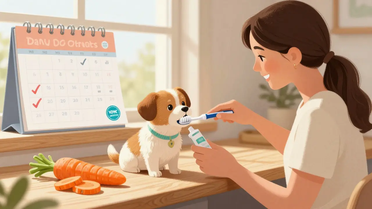 Vlastník čistí psu zuby kartáčkem každý den jako součást rutiny.