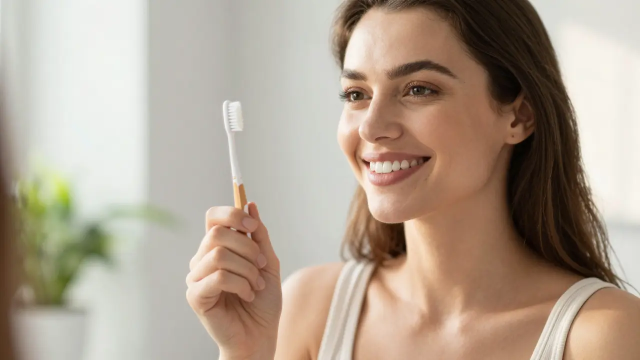 Žena se usmívá do zrcadla s novými fazetami, čistí zuby jemnou kartáčkou.
