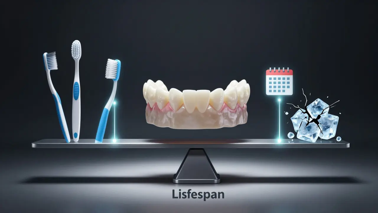Zirkonová korunka v centru časové osy s ikonami ovlivňujícími její životnost.