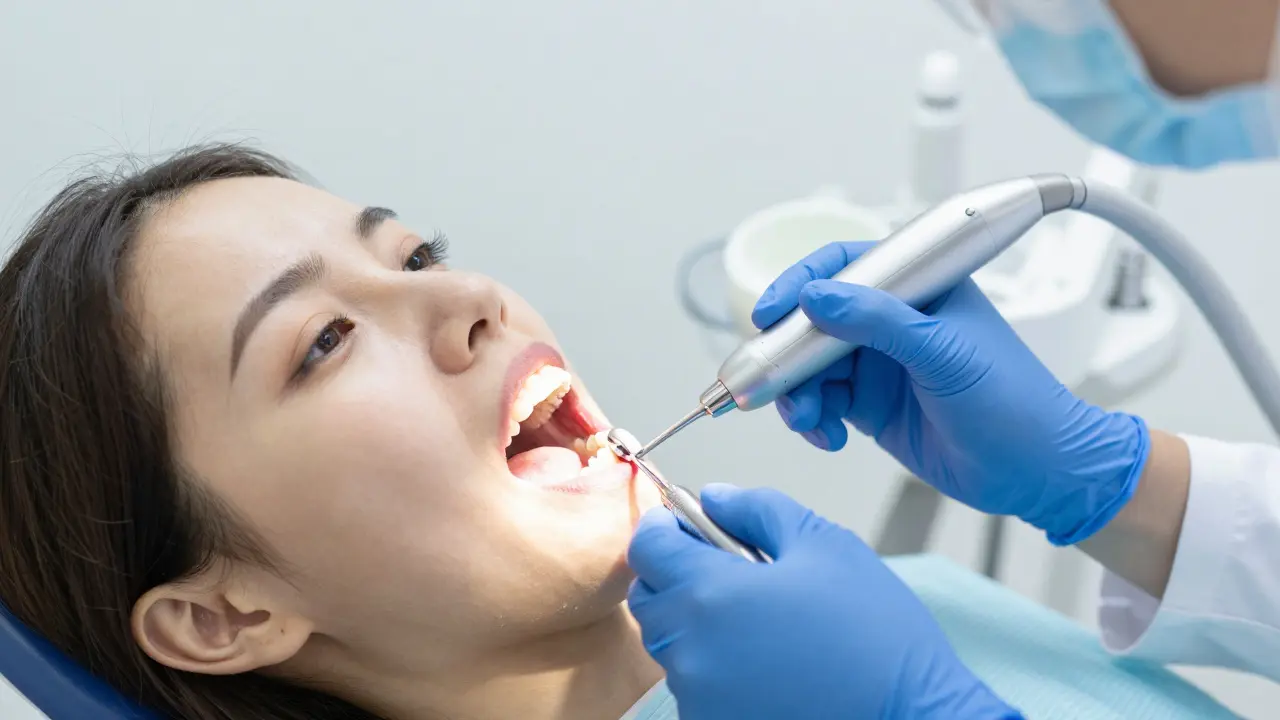 Zubní hygienička odstraňuje zubní kámen ultrazvukovým přístrojem během profesionálního čištění.