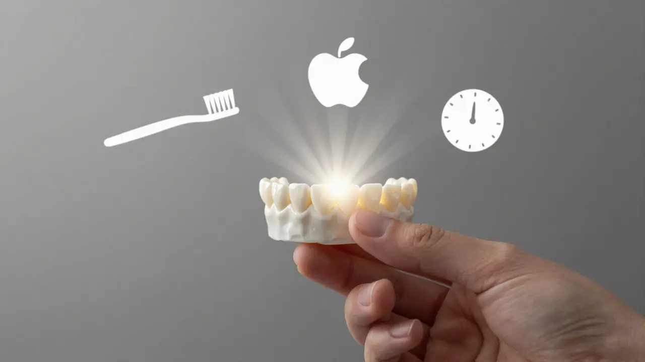 A ceramic veneer held in hand with symbols of care and longevity floating nearby.