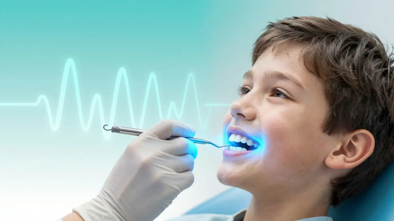 Abstraktní vizualizace bezbolestného čištění zubního kamene