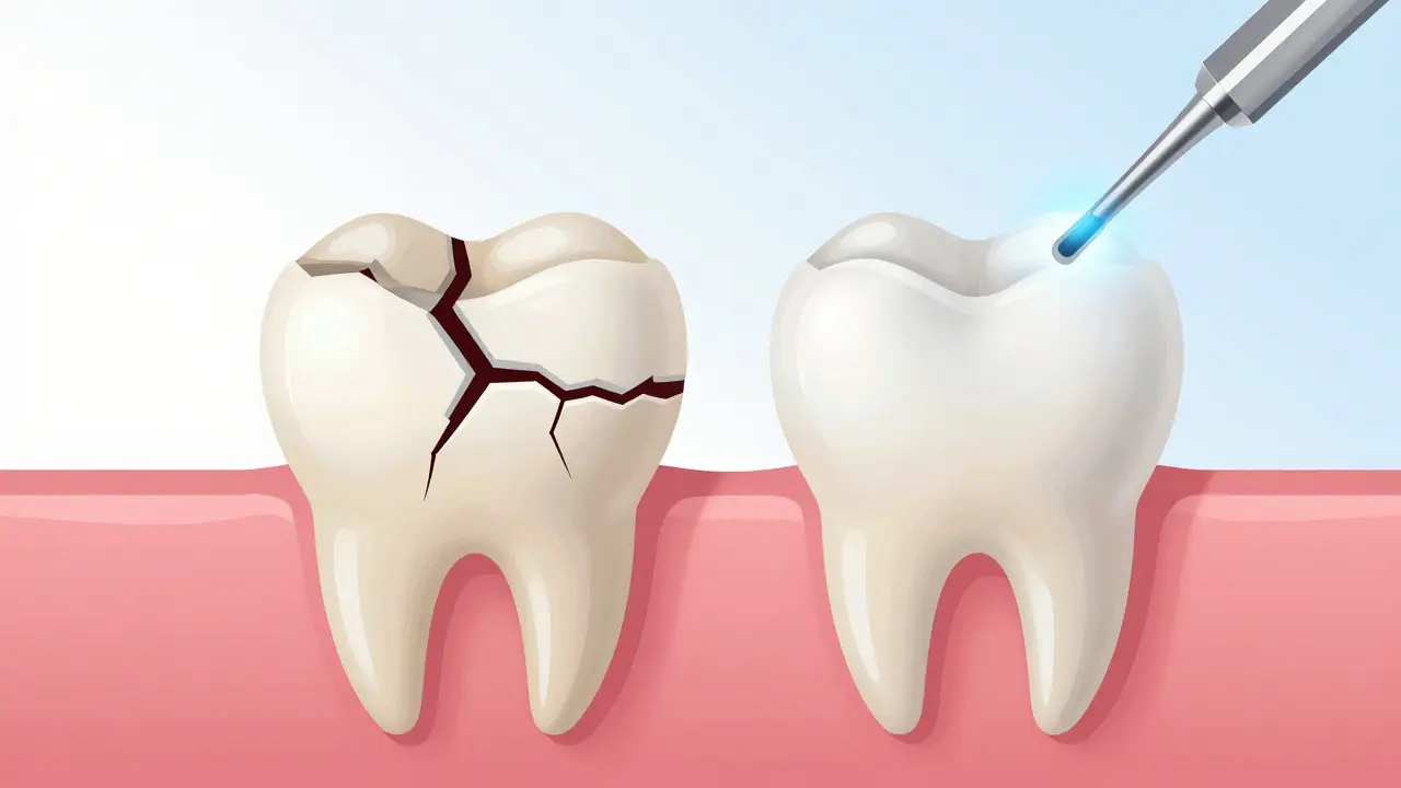 Before-and-after view of a cracked tooth restored to seamless natural appearance using laser technology.
