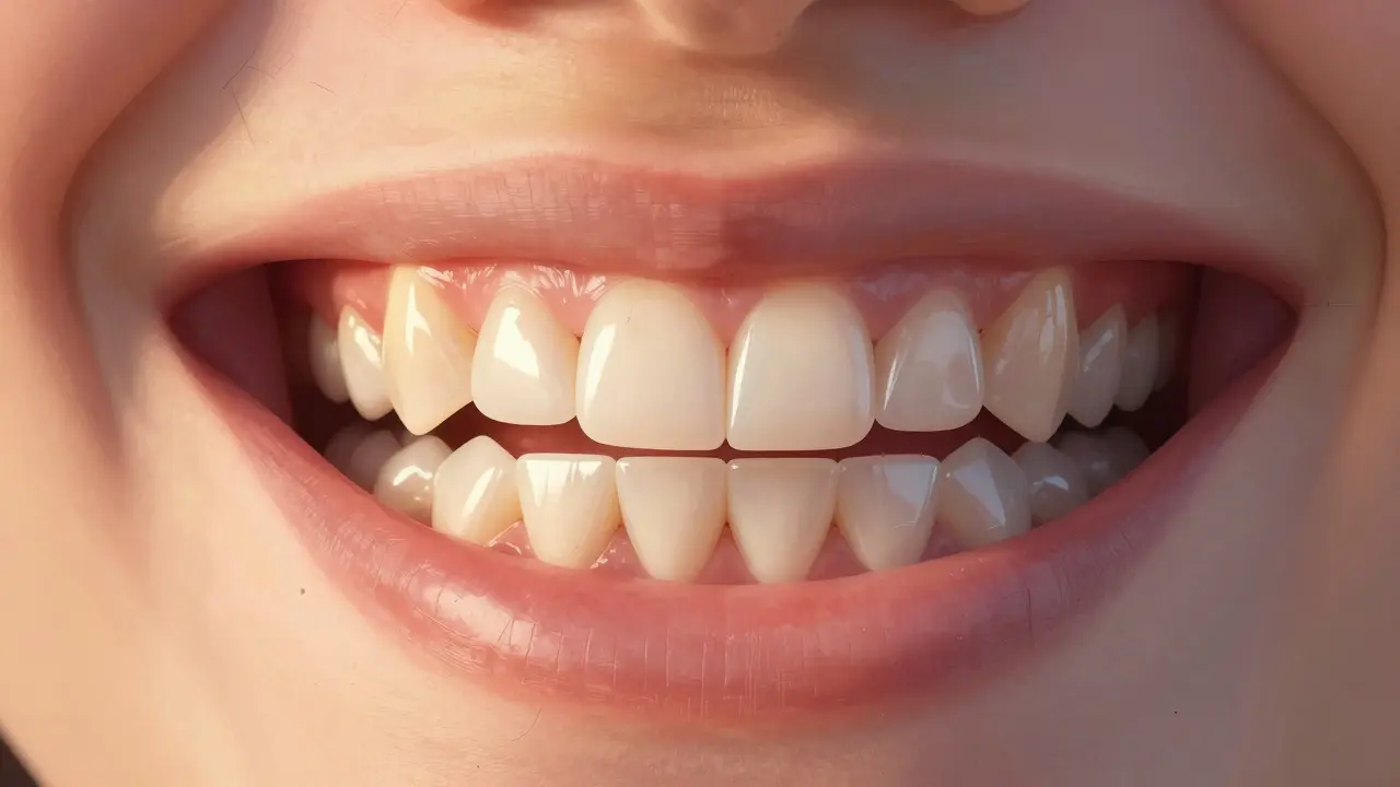 Close-up of a bright, natural-looking smile with eight porcelain veneers.