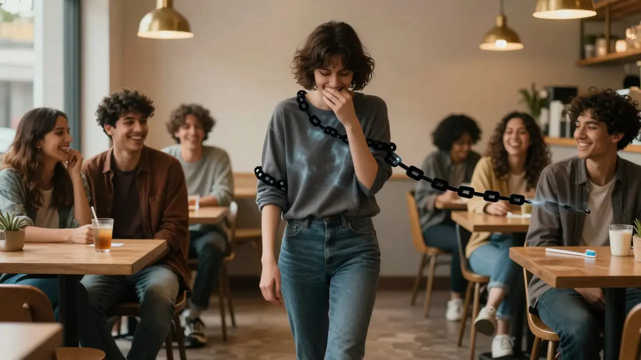 Člověk odchází od skupiny, zatímco jeho stín tvoří černý kámen, který ho táhne zpět.