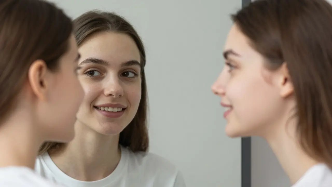 Člověk ve zrcadle vidí svou starší a mladší verzi s a bez zubních implantátů.