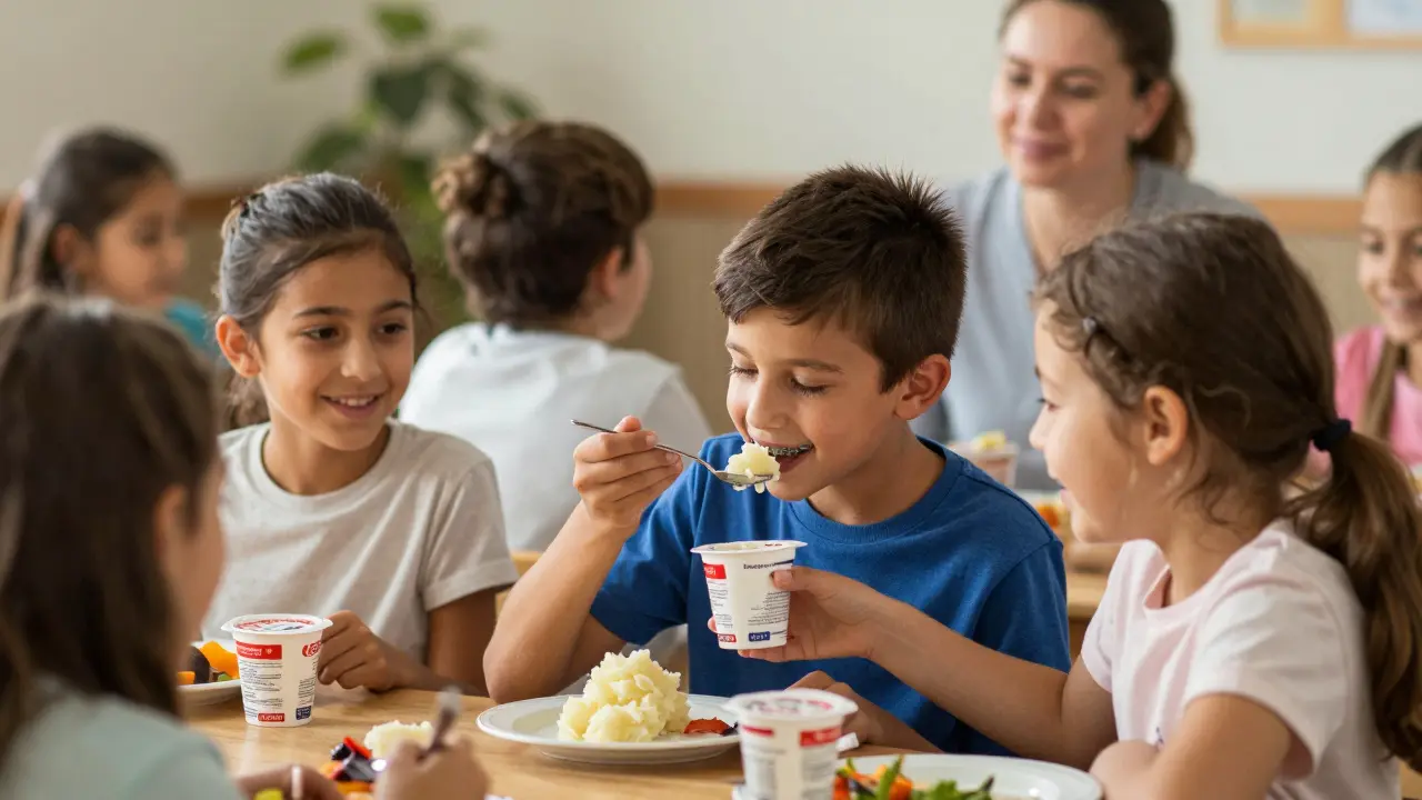 Děti společně jedí oběd, jeden chlapec s braketem přijímá jídlo od kamarádky.