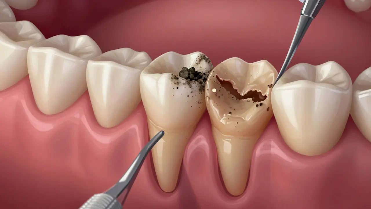 Dolní moláry s hlubokými drážkami plnými plaku a odtrženými dásněmi.