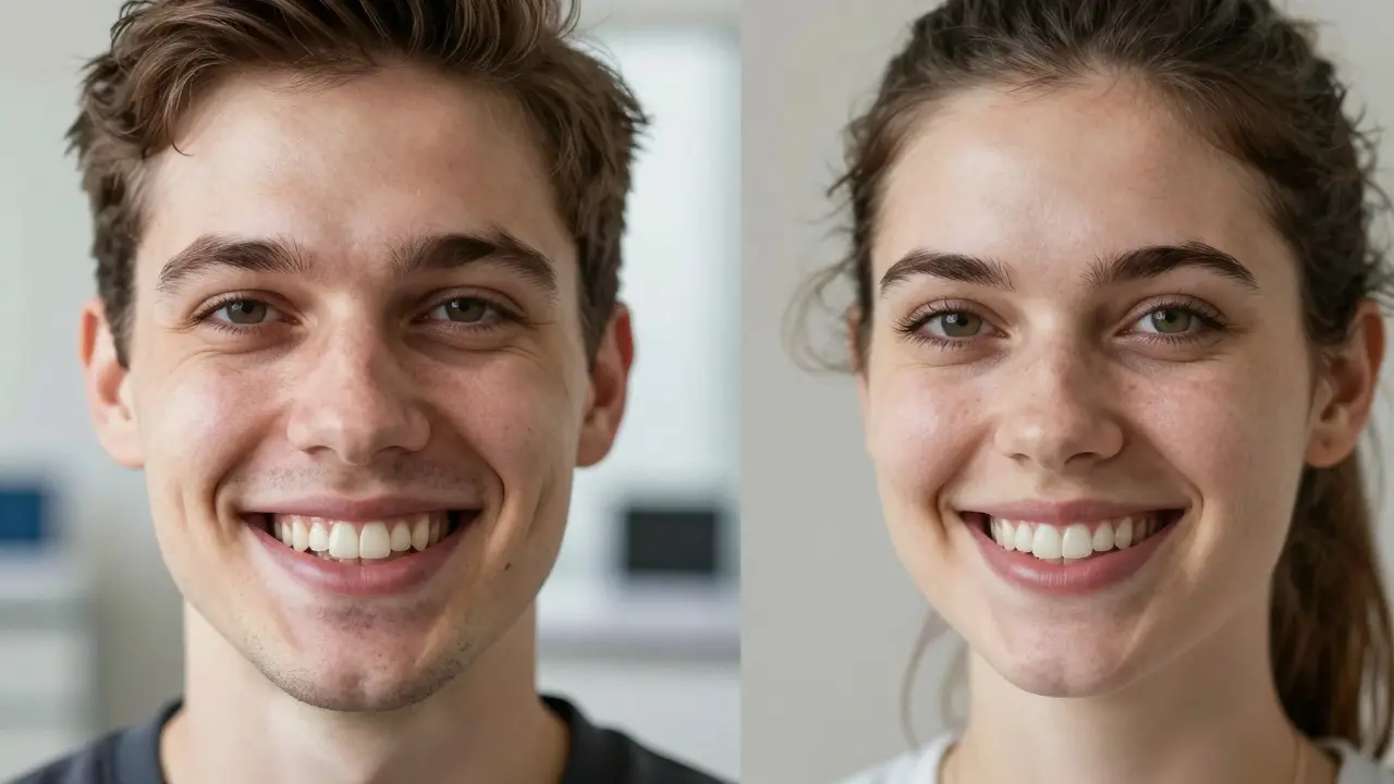 Dvě srovnávací tváře s přirozeně upravenými zuby před a po konturaci.