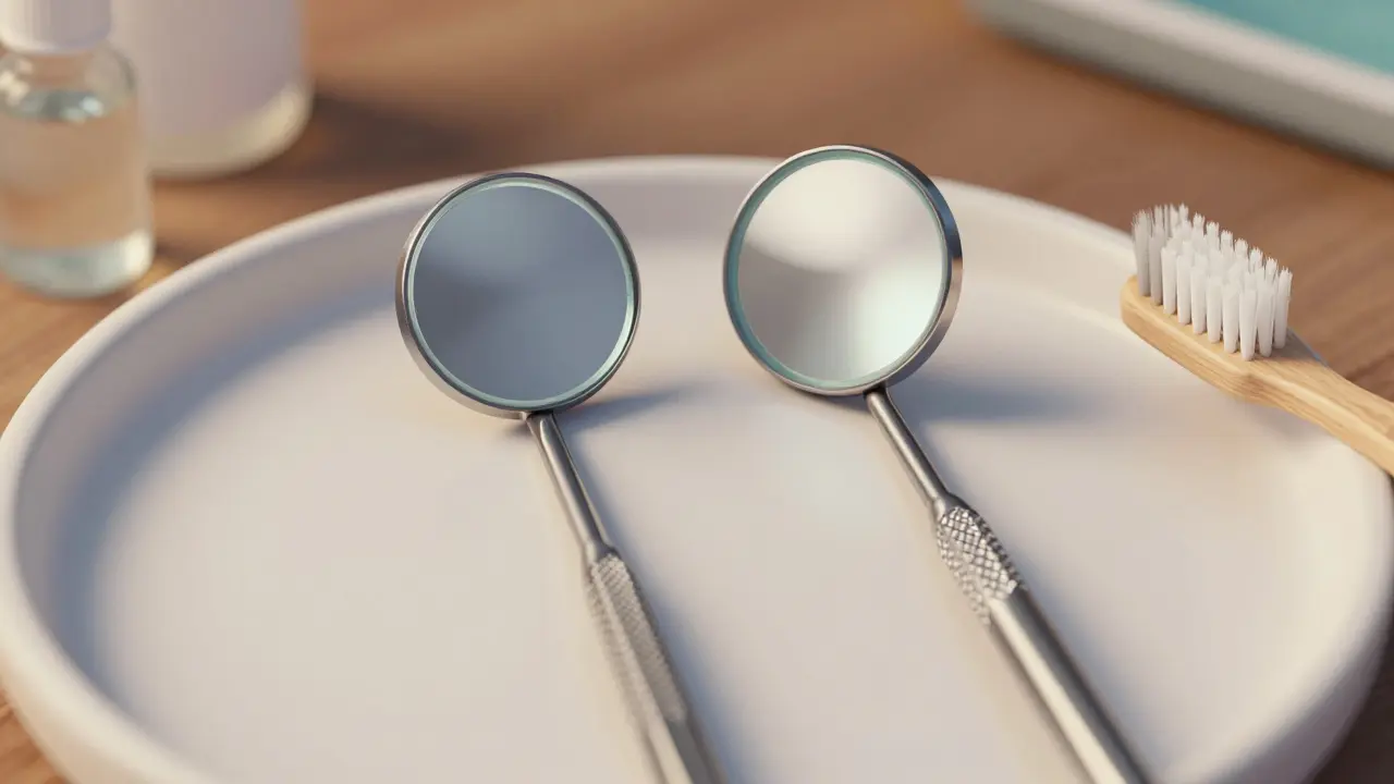 Dvě typy dentálních zrcátek s příslušenstvím na bílé ploše.