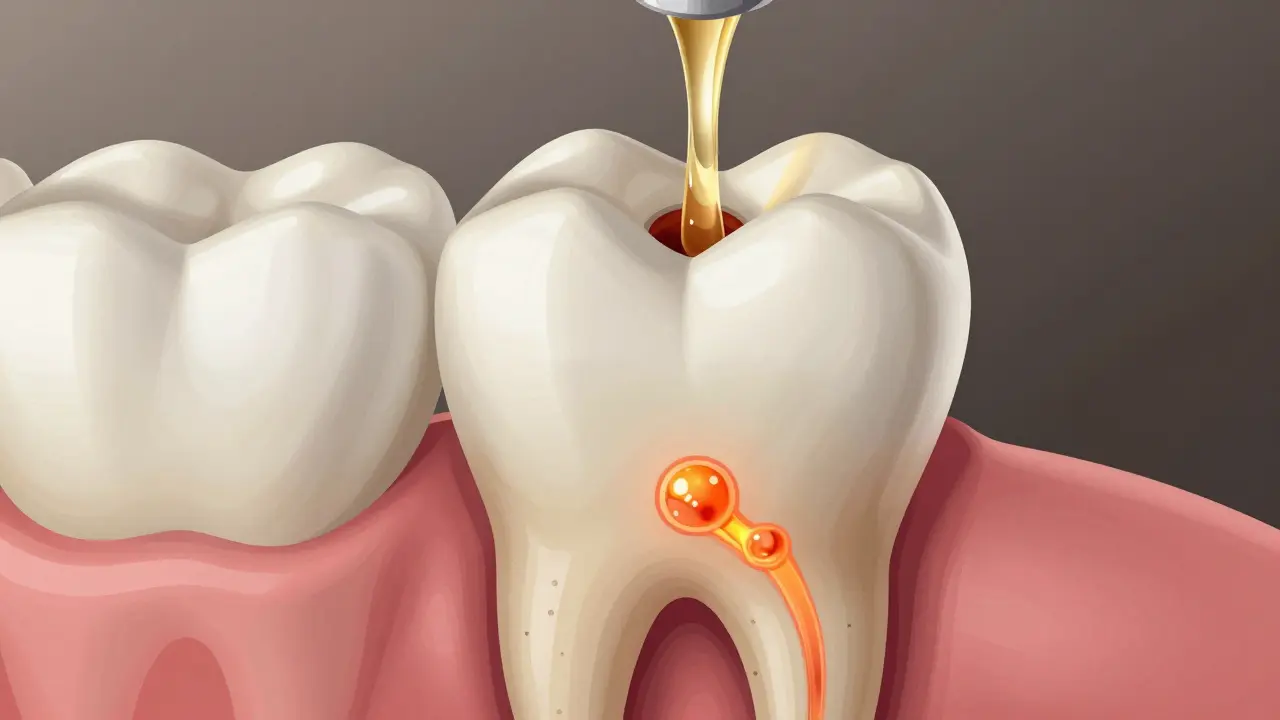 Infected tooth with pus draining through a deliberate opening at the crown.