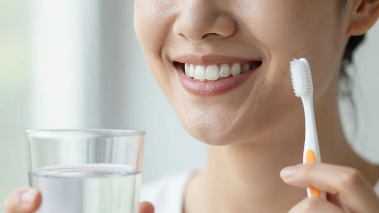 Jasný úsměv zdravých zubů s vodou na péči doma.