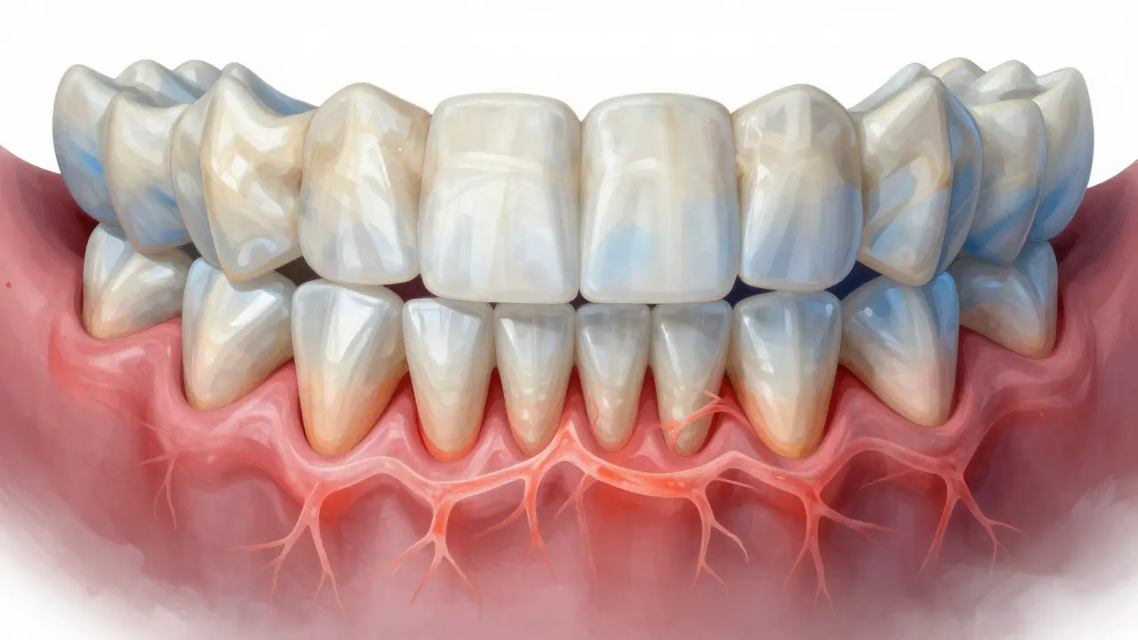 Kostní ztráta kolem dolních řezáků a molárů s vyznačeným zánětem dásní.