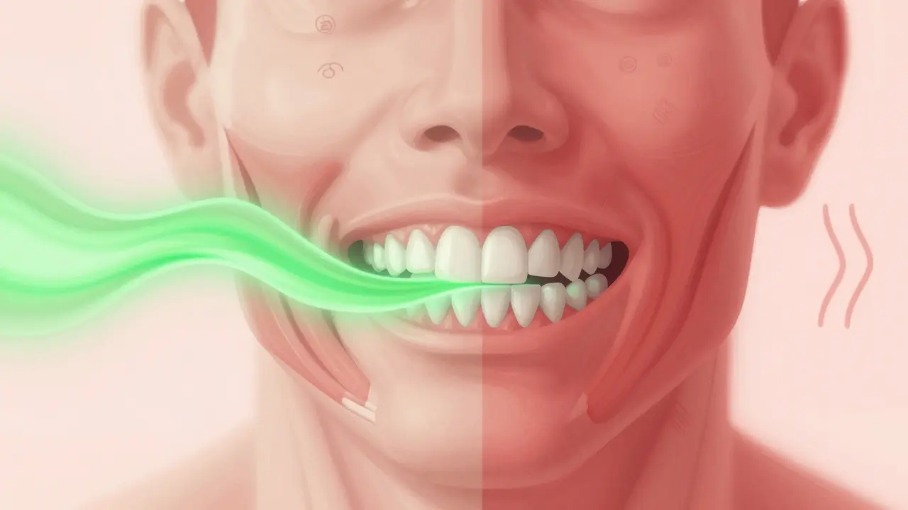 Křížový řez čelisti s uvolněnými svaly a průběhem klidné energie, kontrastující s dřívějším napětím.