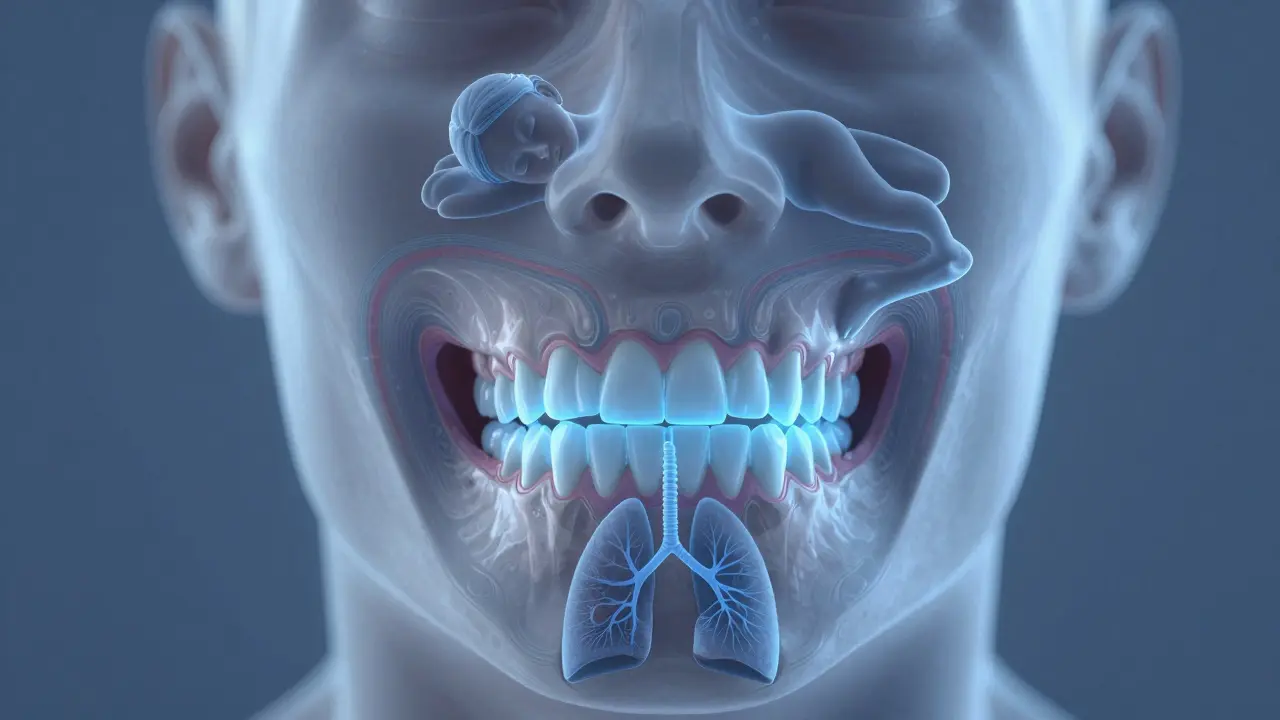Křížový řez hlavy s dobře zarovnanými čelistmi, symbolizující obnovu dýchání a spánku.