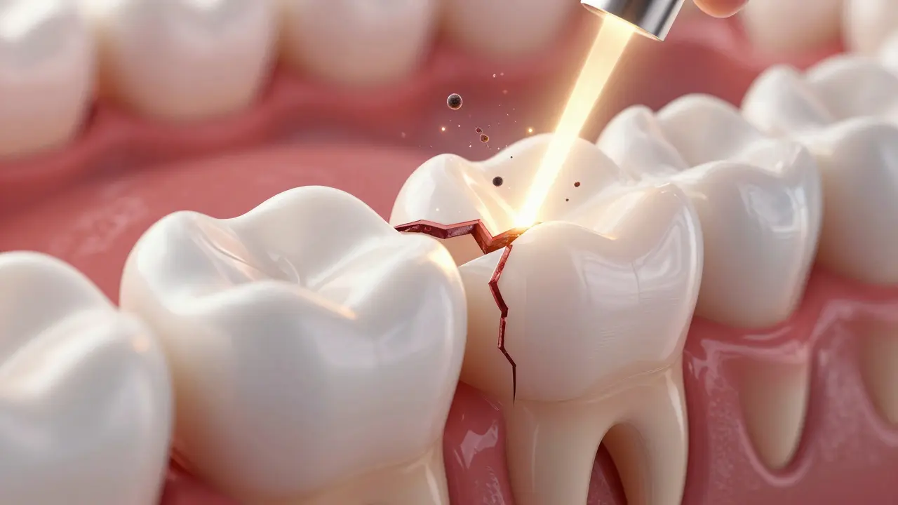Magnified cross-section of a tooth showing laser sealing a crack with composite material bonding to enamel.