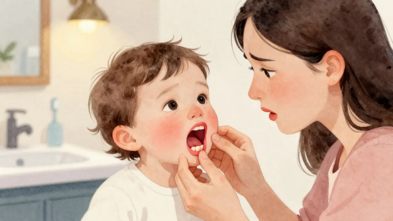 Matka zkoumá krvácivé dásně u kojence při čištění zubů