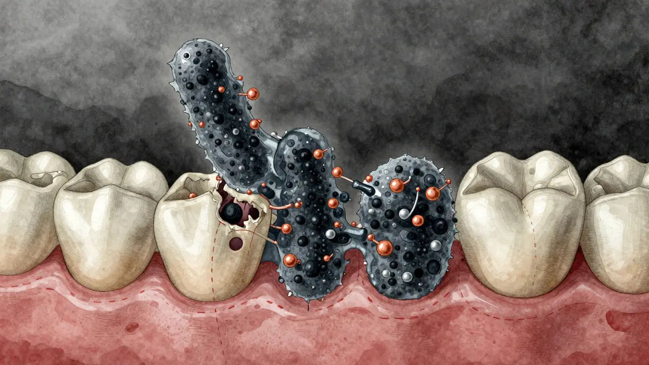 Mikroskopický pohled na bakterie a kovové ionty tvořící černý zubní kámen na povrchu zubu.