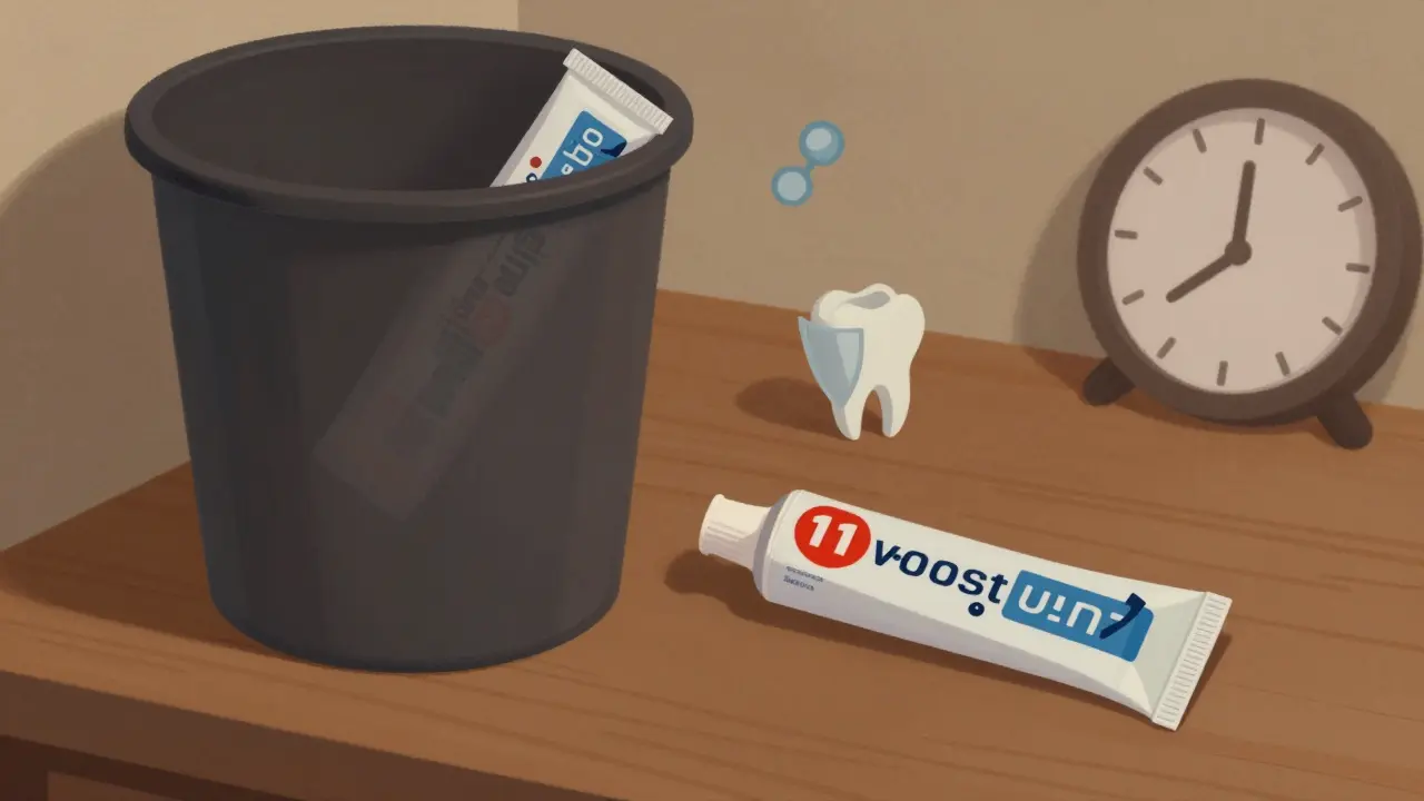 Nová zubní pasta se otevírá, zatímco stará je vyhazována do koše, s symboly ochrany zubů.