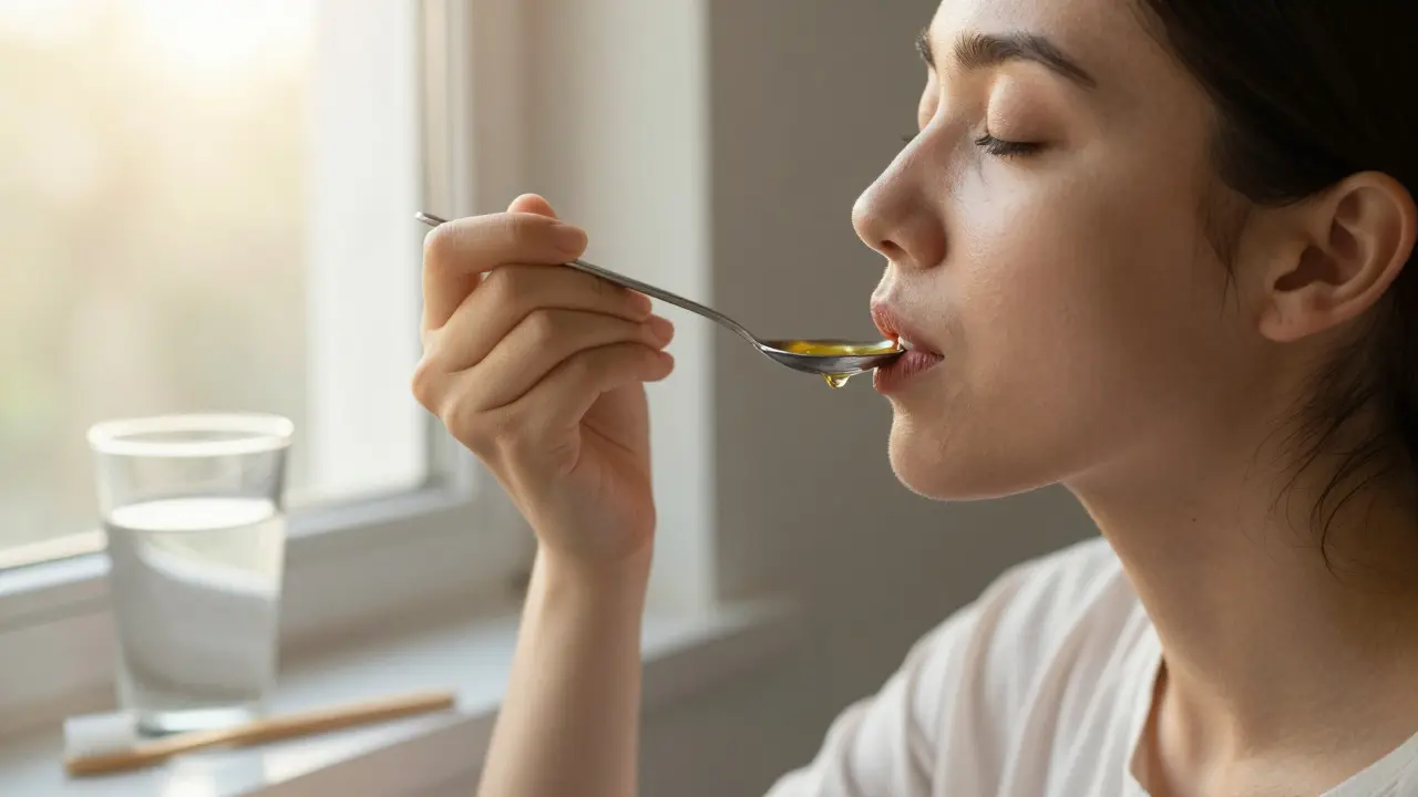 Osoba provádí olejové pláchnutí s kokosovým olejem v klidném domácím prostředí.