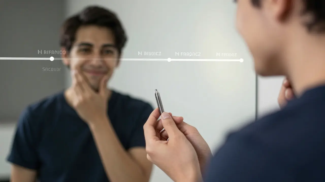 Osoba se usmívá, drží model zubní implantace, v zrcadle vidíme uvolněnou čelist a jemný přechod od úzkosti k klidu.