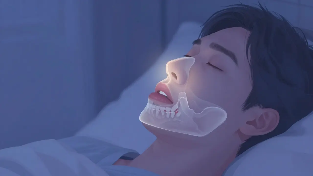 Osoba spí v noci s uzavřenými ústy a nosovým dýcháním, jazyk klidně leží na stropu úst.