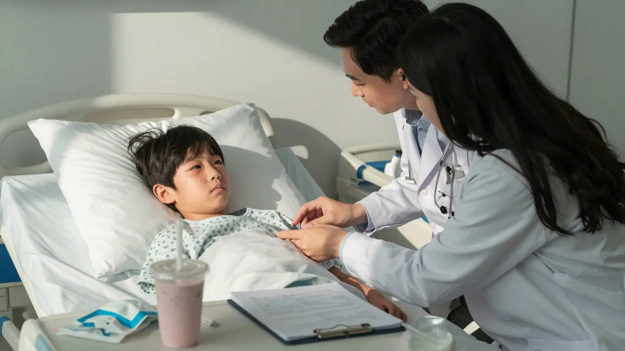 Pediatrický chirurg vysvětluje rodičům a dítěti pooperativní péči v nemocniční posteli.