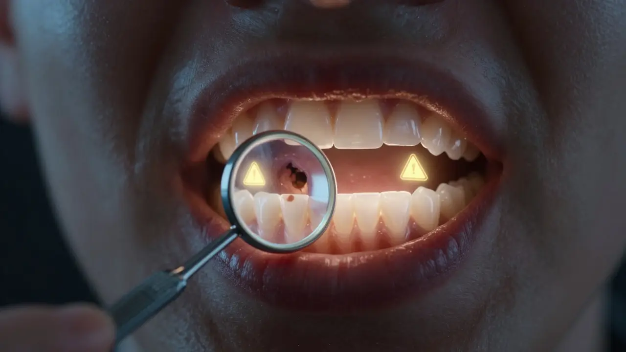 Přehled vnitřních problémů úst s vyznačenými známkami karies a zánětu.