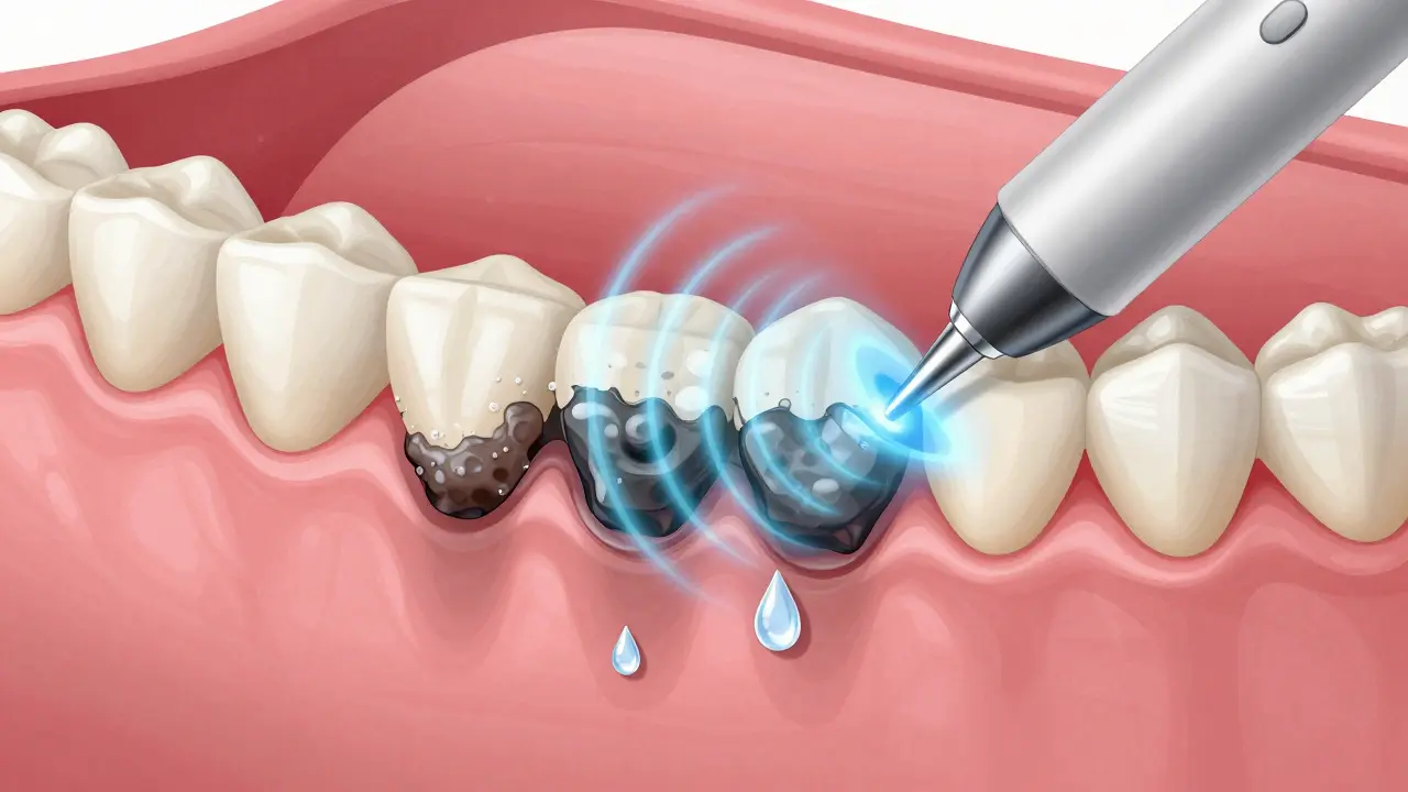 Příčný řez dásní a zubů s ultrazvukovými vlnami rozkládajícími bakteriální biofilm.