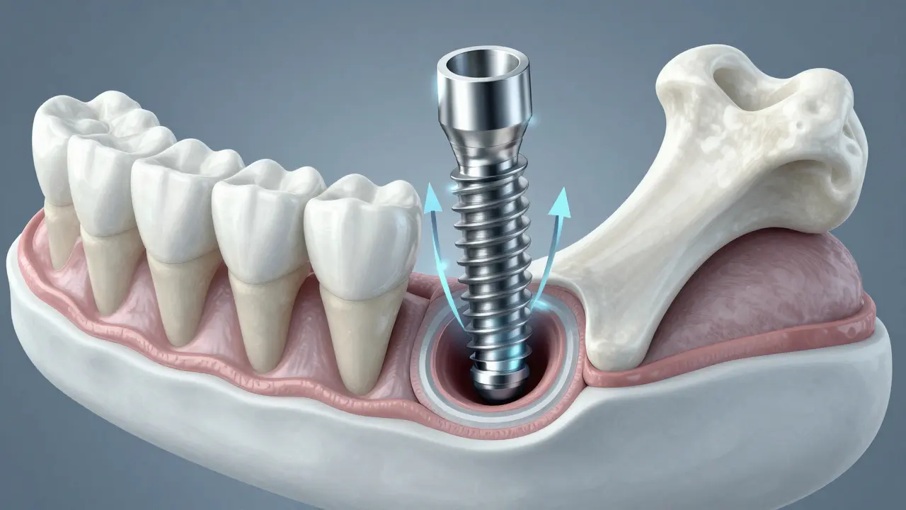 Průřez čelisti s implantátem spojeným s kostí, znázorňující přenos žvýkací síly.