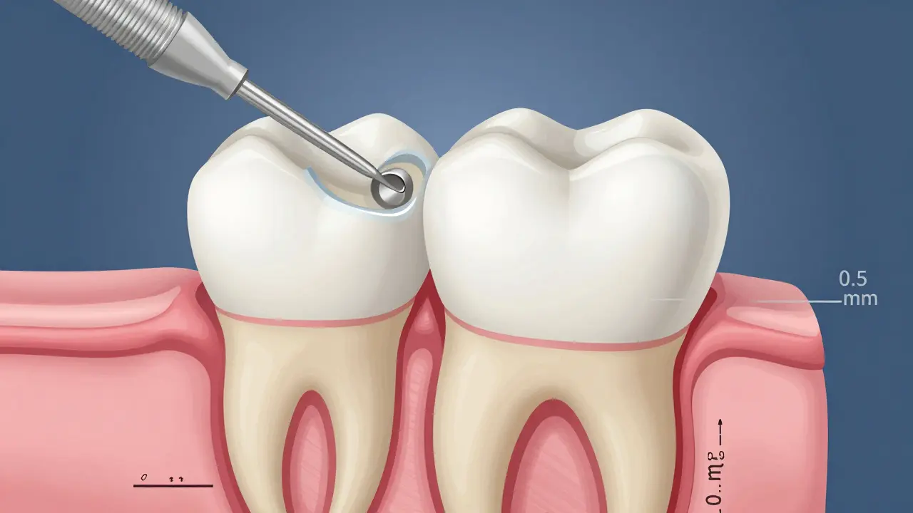Průřez zubu ukazující vrstvu skloviny a její bezpečnou tloušťku při broušení.