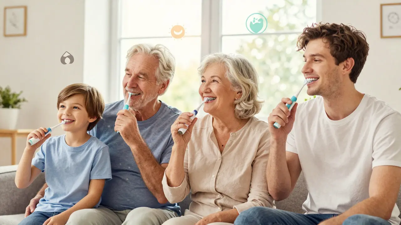 Rodina používá ultrazvukové čističe zubů, včetně dítěte, dospělého s braketami a starší osoby s implantáty.
