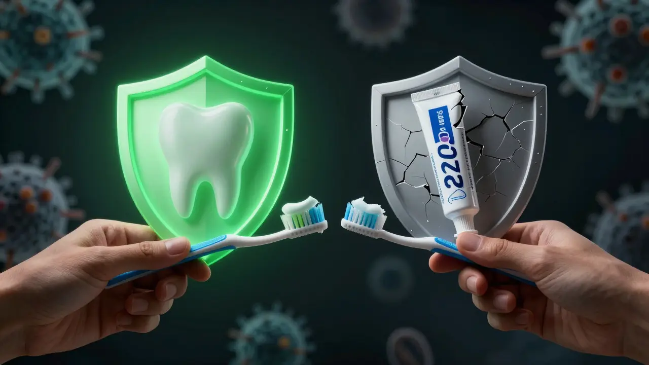 Rozdíl mezi starou a novou zubní pastou: jedna chrání zuby, druhá už ne, s vizuálním kontrastem ochrany.