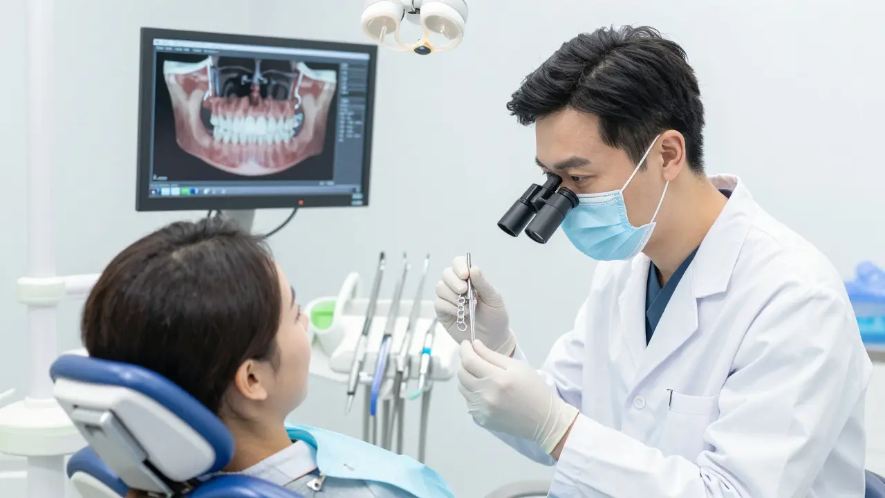 Stomatolog pečlivě prohlíží odpojený zubní můstek v klinice.