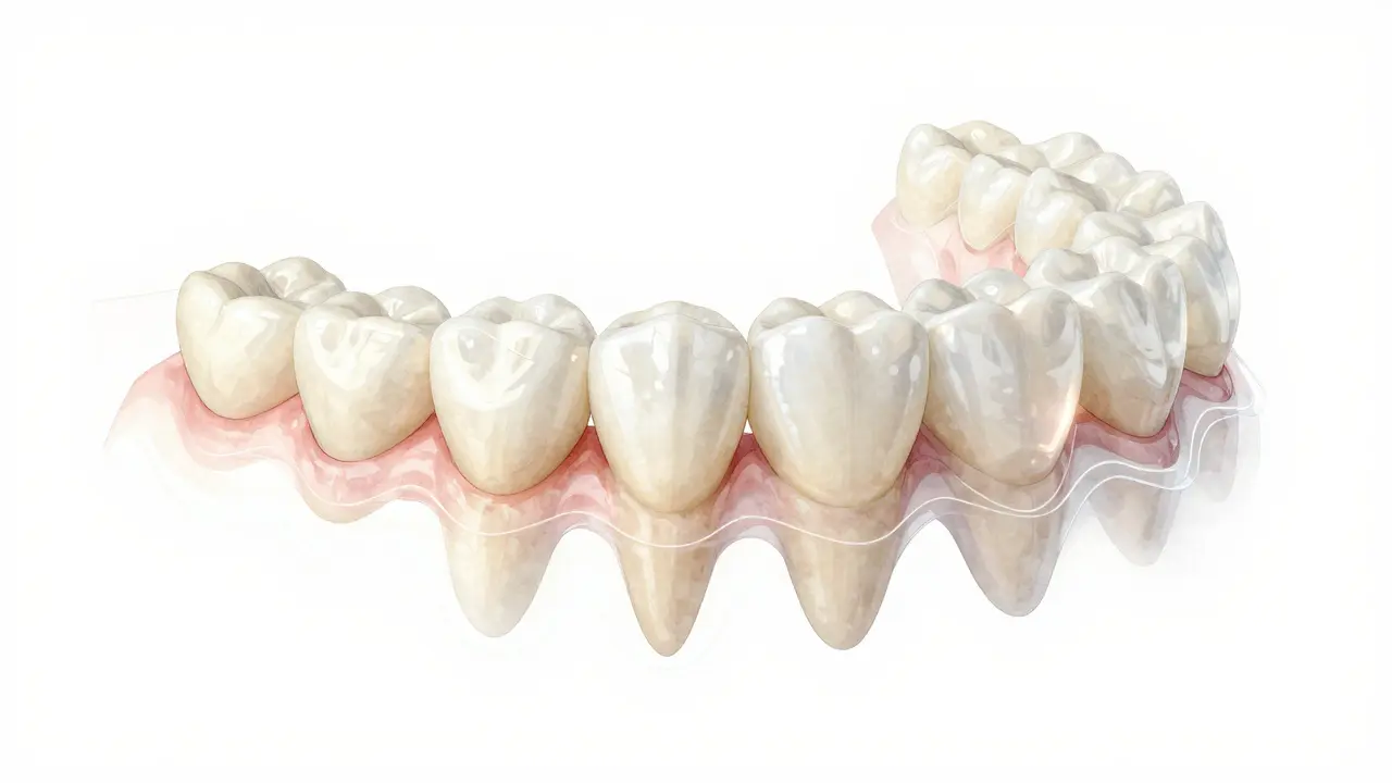 Tenké keramické fazety na modelu zubu, kde světlo prosvítá stejně jako přirozený smalt.