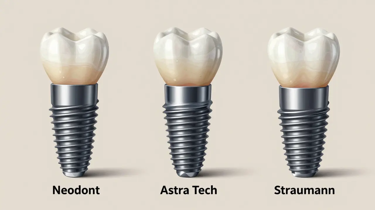 Three types of dental implants with different crowns displayed side by side