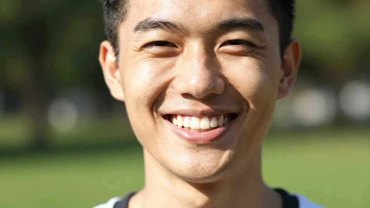Úsměv zdravého člověka venku při slunečném počasí.