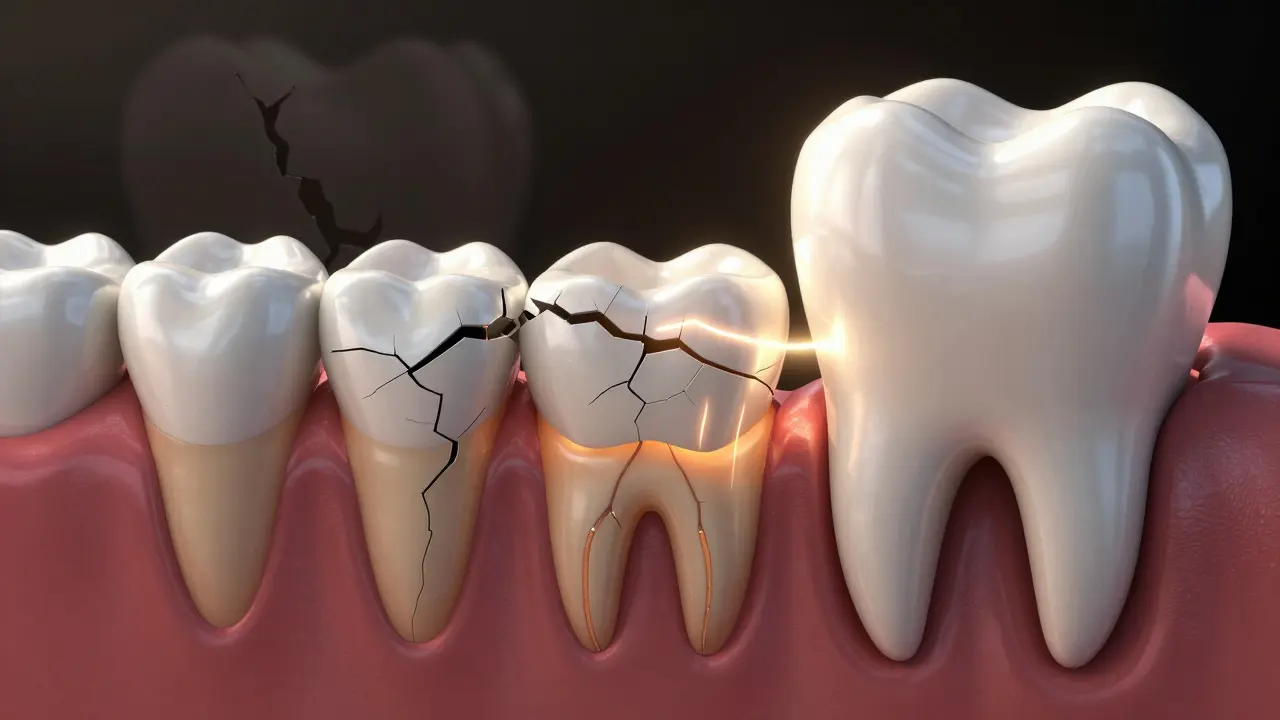Zdravý zub s živým dentinem vs. poškozený zub bez podpory